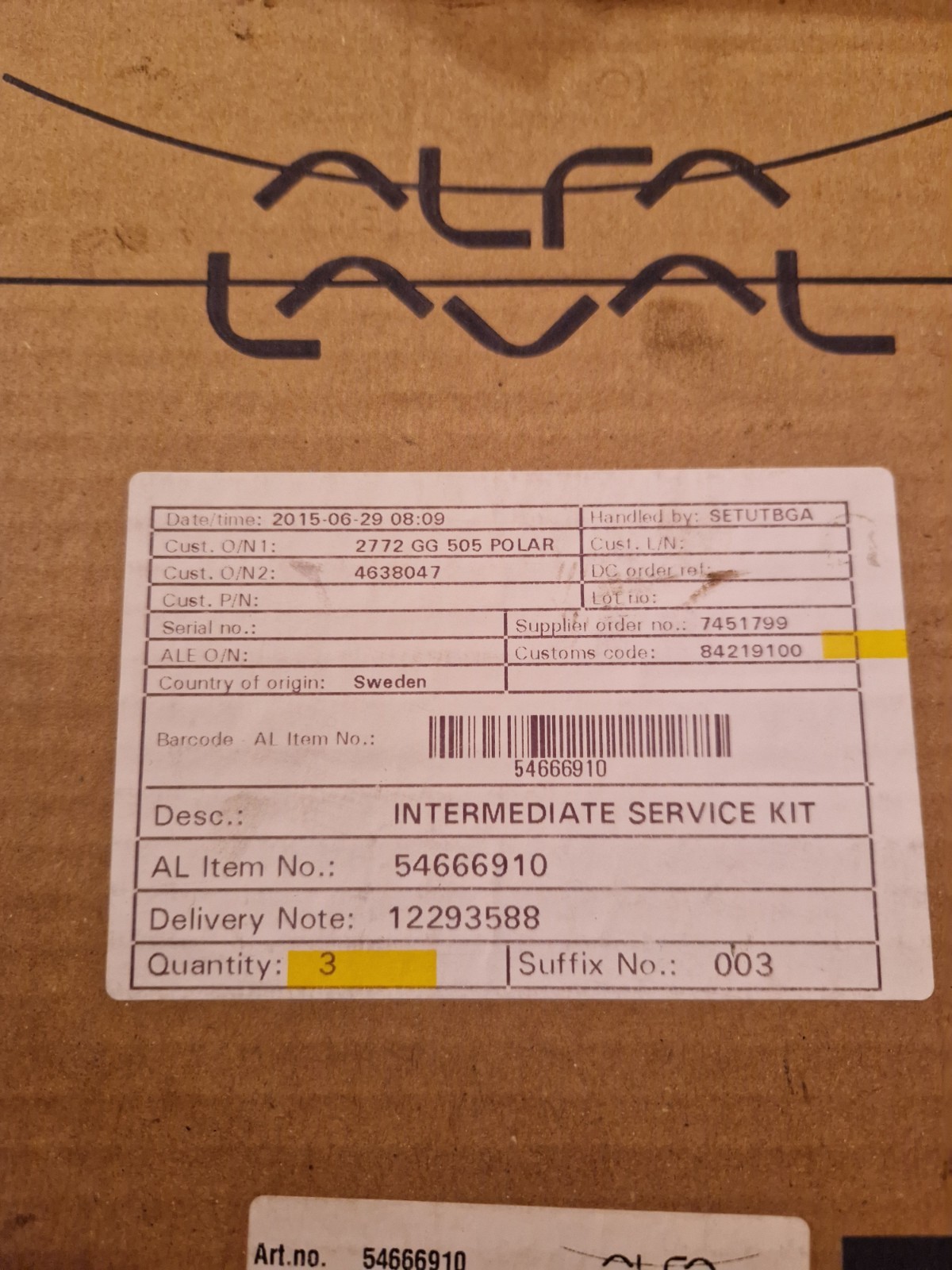 Alfa Laval, Intermediate Service Kit, 54666910. New unopened box.