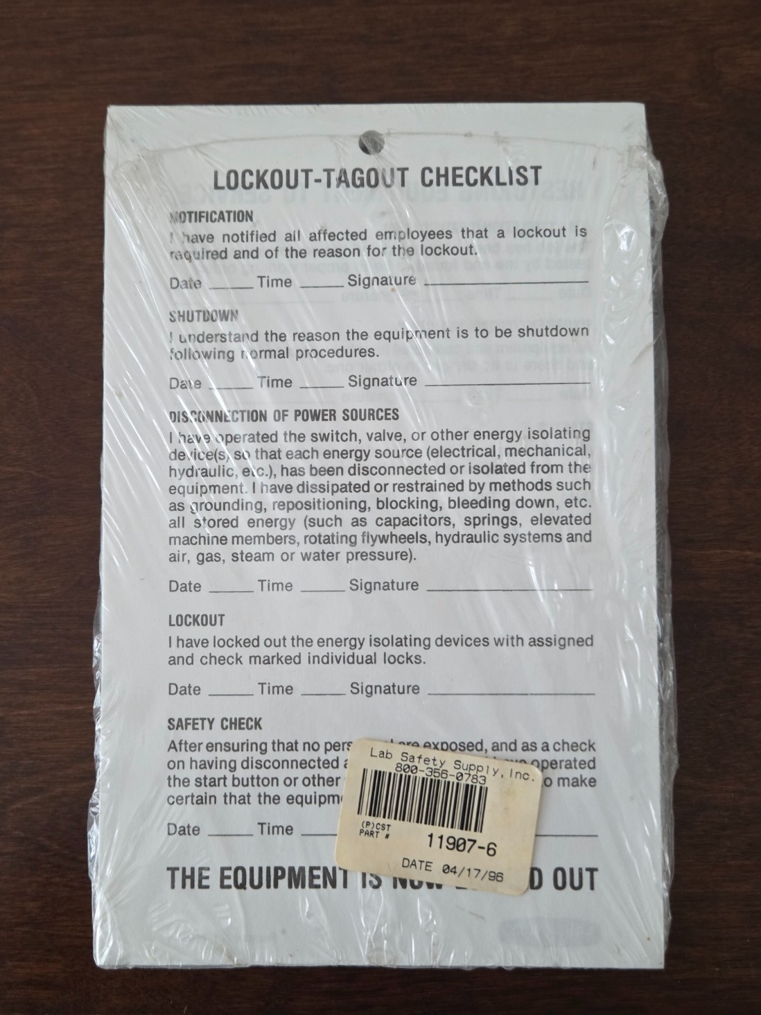 Lab Safety Supply Lockout-Tagout Checklist, 11907-6