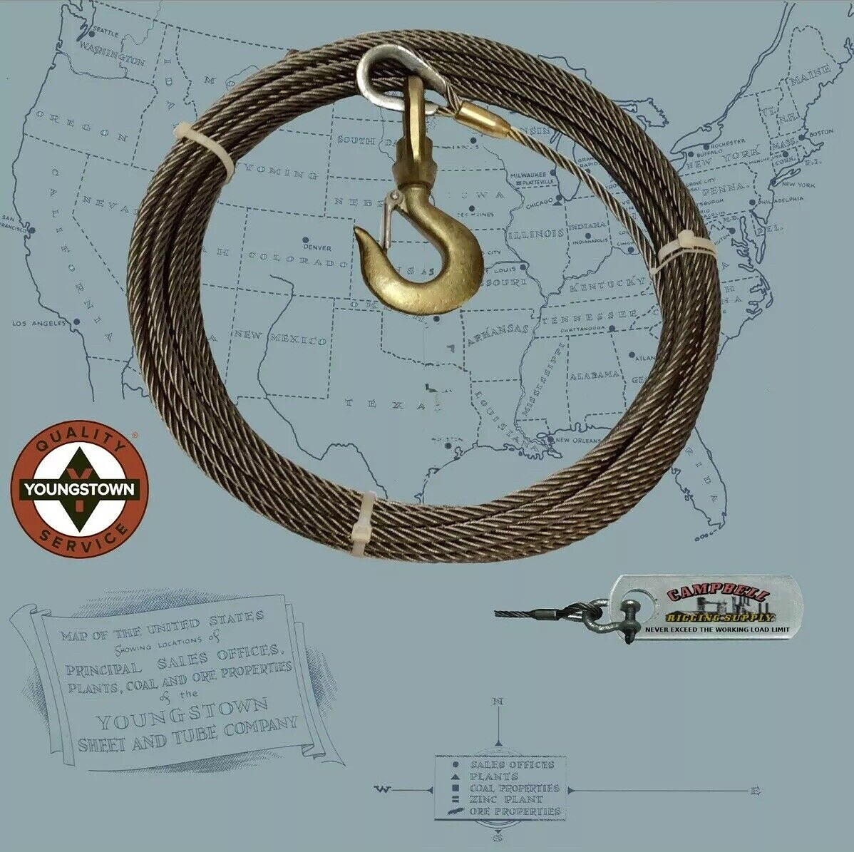 3/8” X 50’ Tow Truck Wrecker Cable EIPS Steel Core W/Swivel Winch Line 🇺🇸