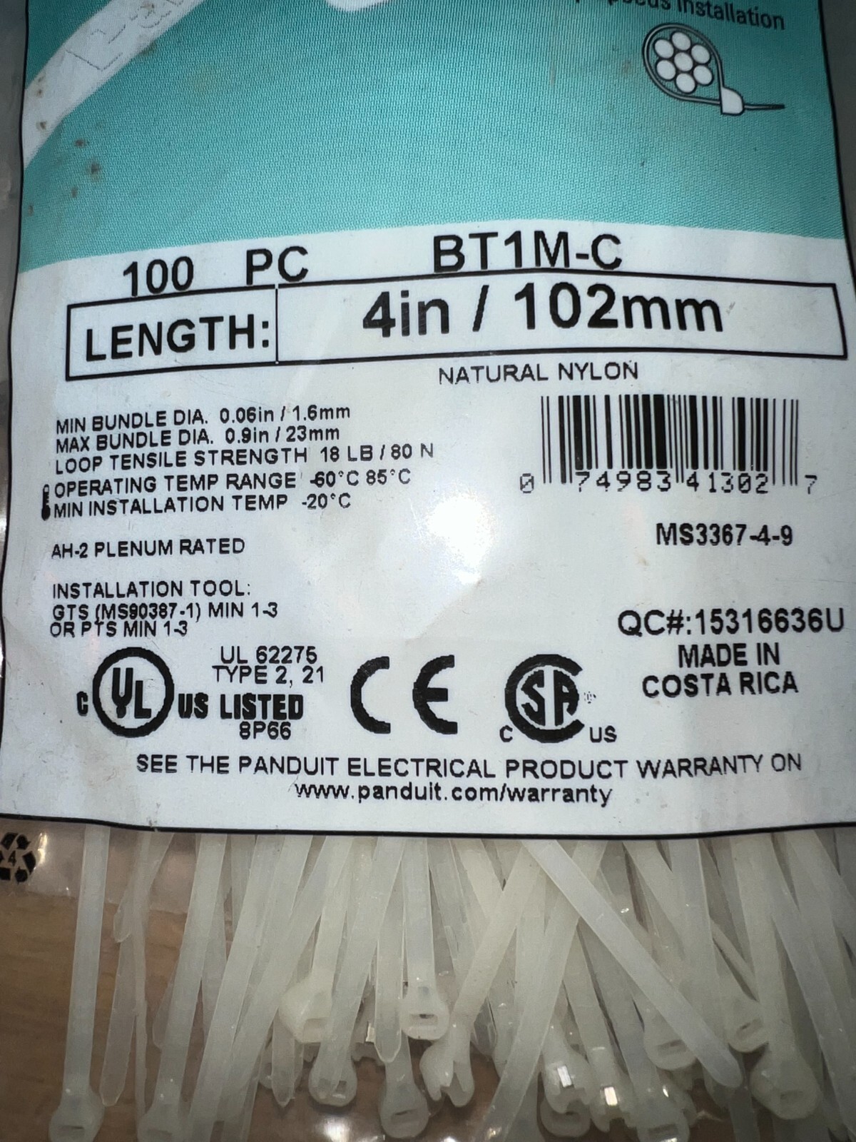 PANDUIT DOME TOP BARB TY CABLE TIES WHITE LENGTH 4IN/102MM LOT OF 13