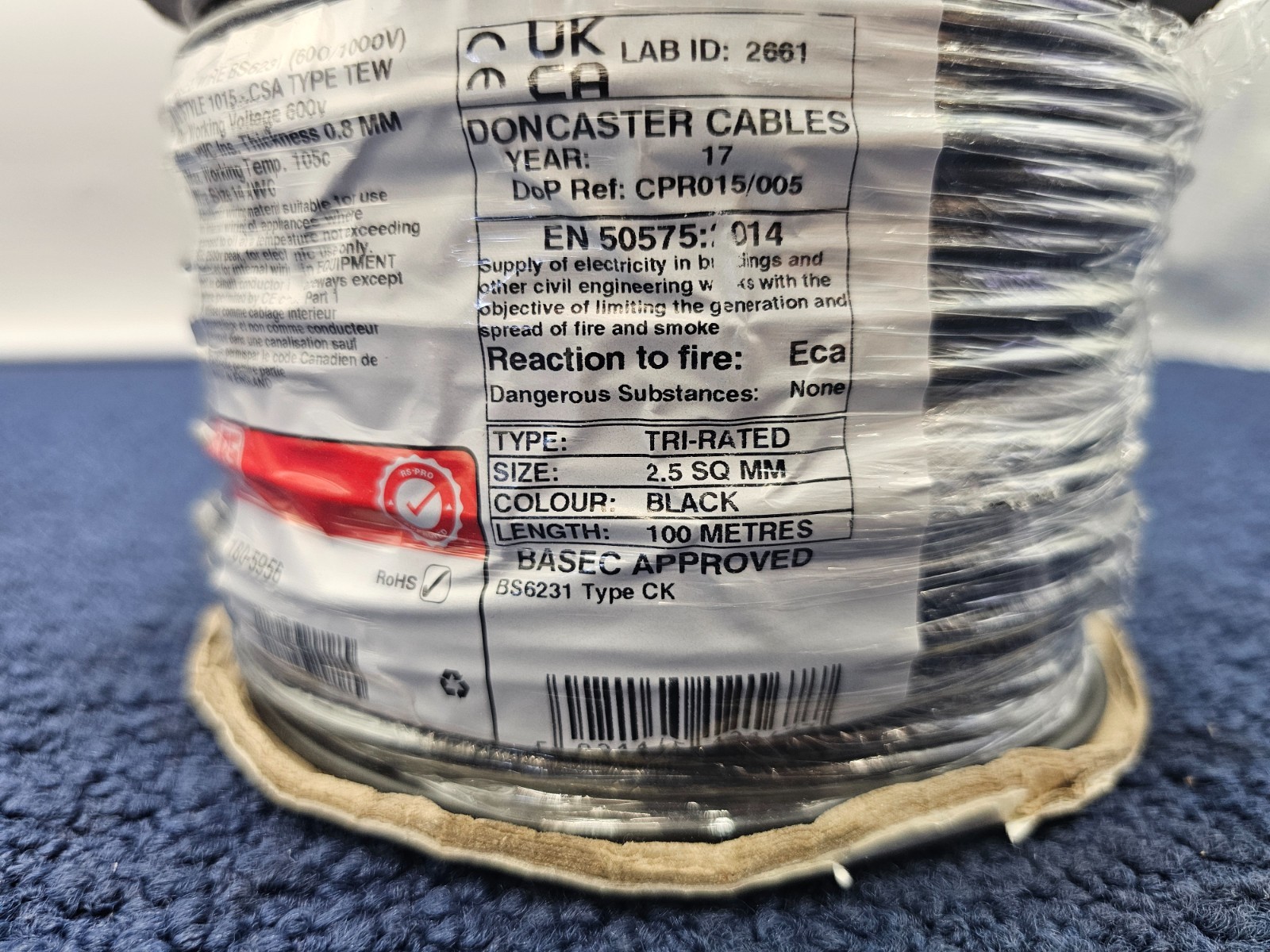 RS PRO 180-5956 100M Black 2.5mm² Hook Up Wire, 14 AWG PVC TI3 Insulation