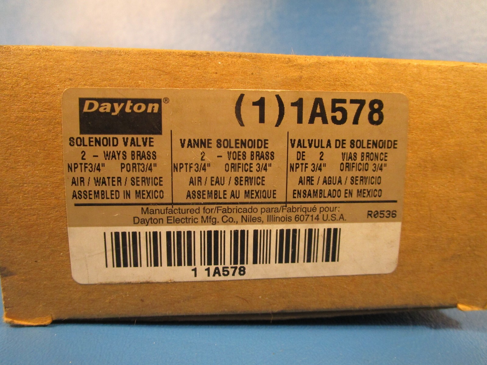 DAYTON 1A578, Solenoid Valve, 2 ways Brass, 3/4″ ports (GRAINGER)
