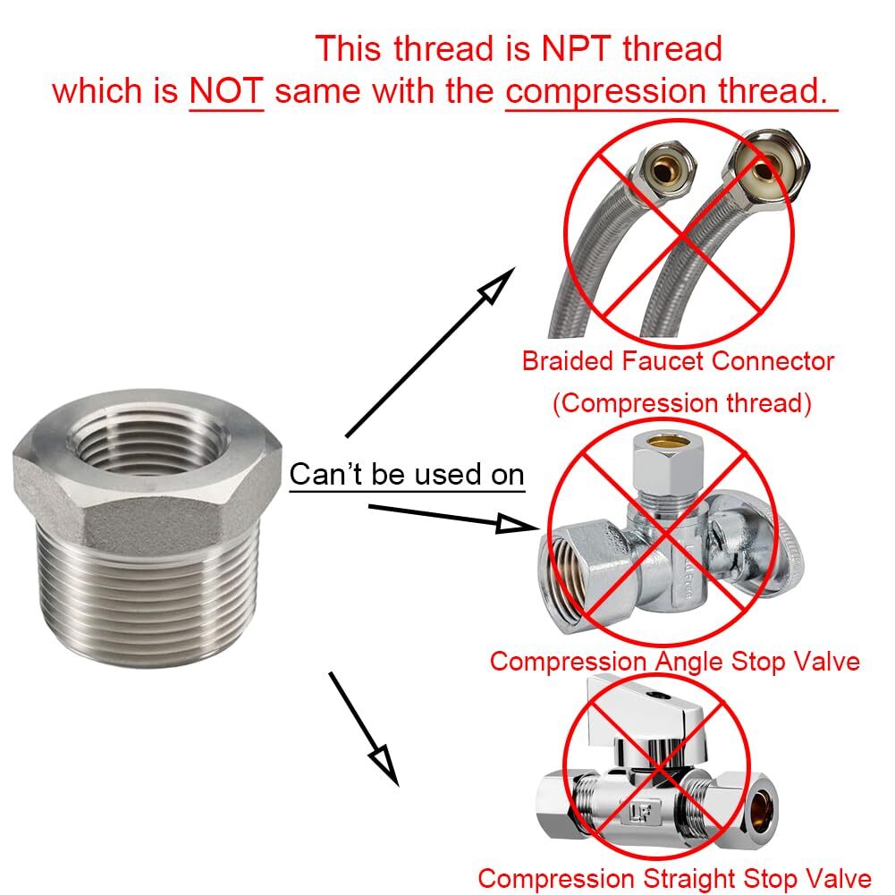 Stainless Steel Reducer Hex Bushing 1/2″ Male NPT to 3/8″ Female NPT 5-Pack