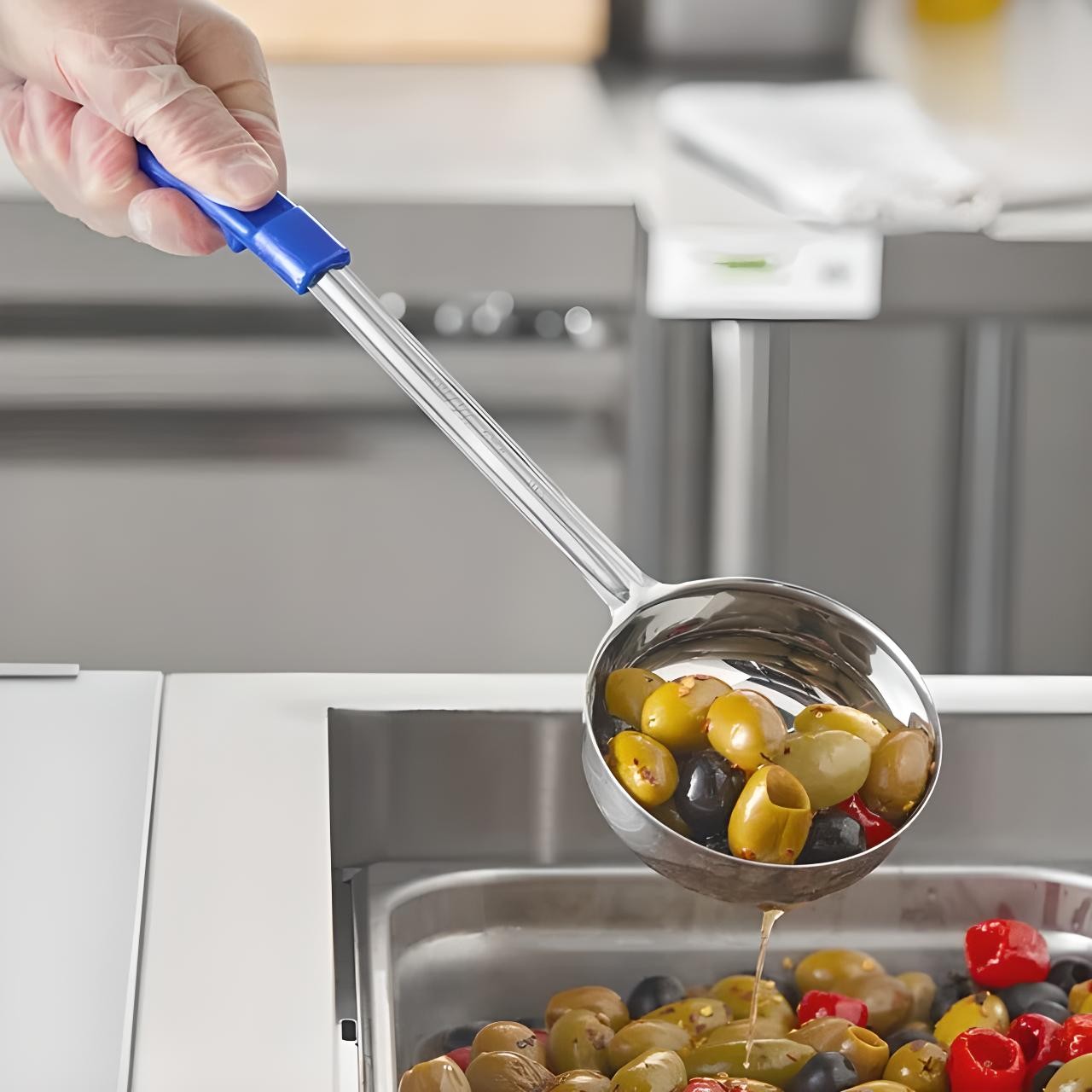 3-Pack 2, 4, and 8 Ounce Stainless Steel Perforated Color Coded Portion Spoons
