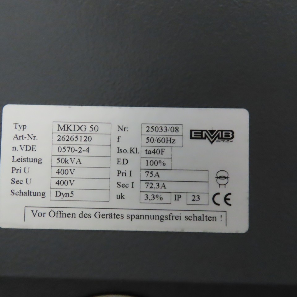 EMB MKDG 50 400V Pri 400V Sec Isolation Transformer 50/60Hz 50kVa