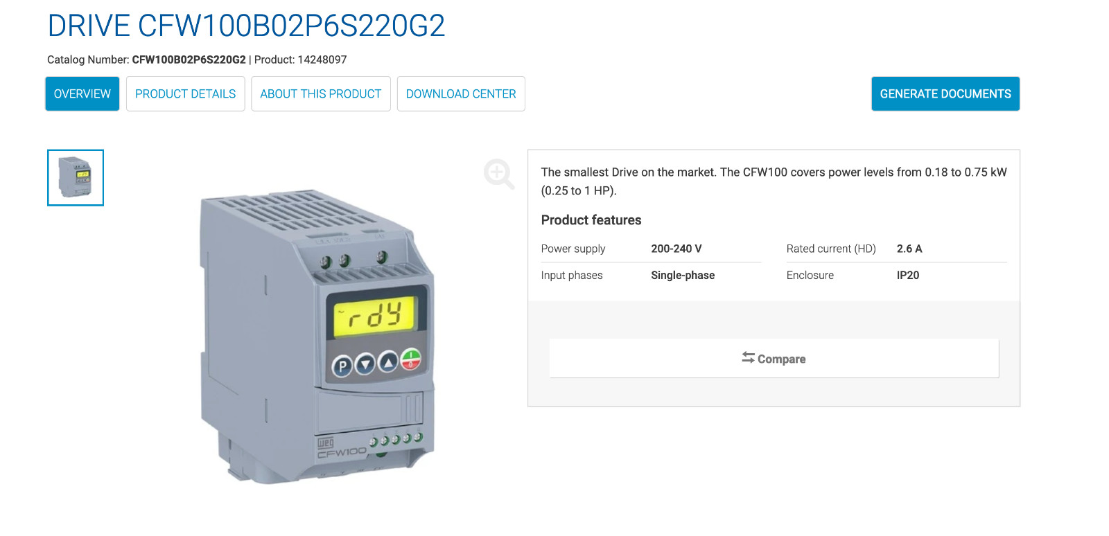 WEG CFW100B02P6S220H3G2 FREQUENCY INVERTER 200-240V w/DIN RAIL