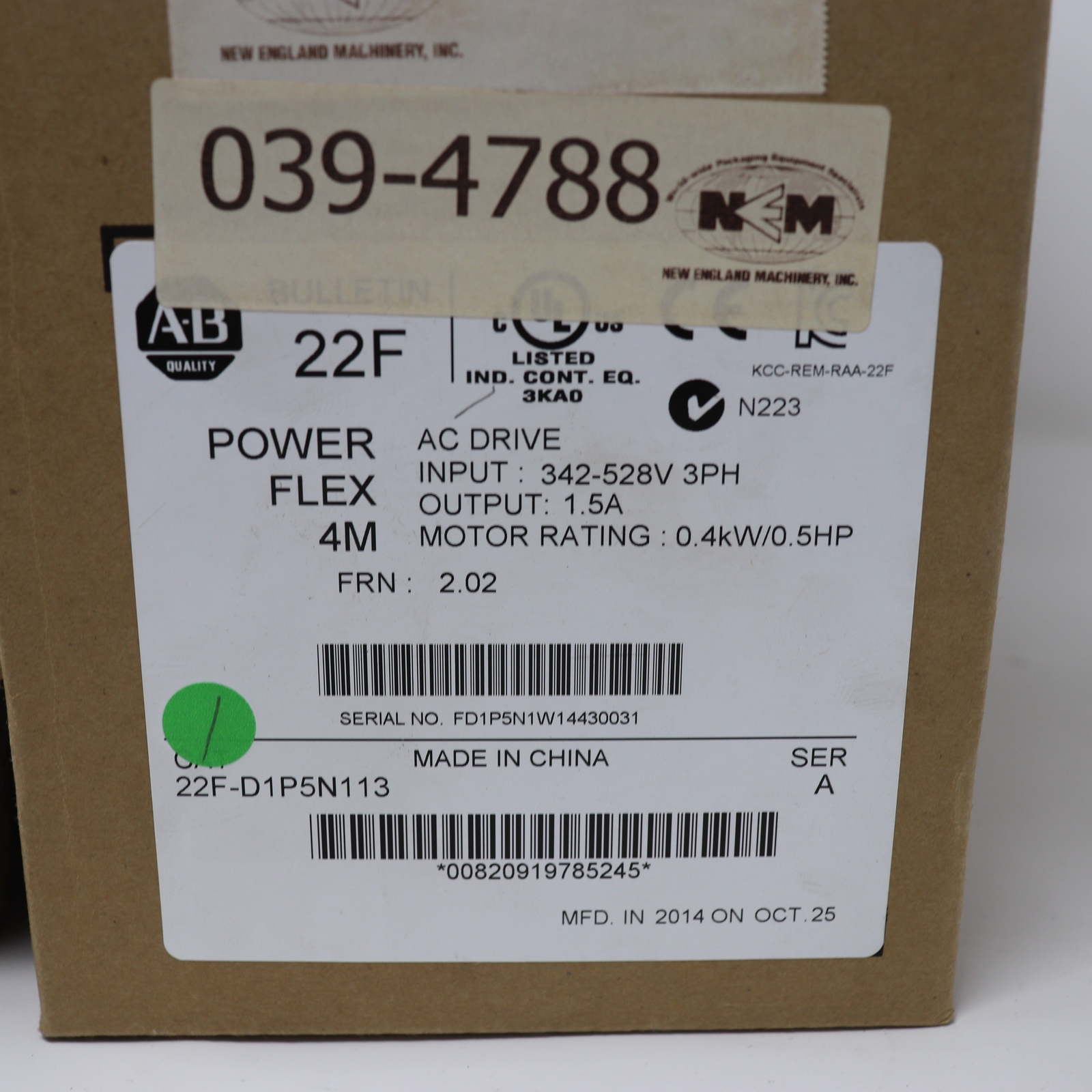 Allen-Bradley AB 22F-D1P5N113 /A PowerFlex 4M Drive 380-480V 3PH 1.5A 0.5HP