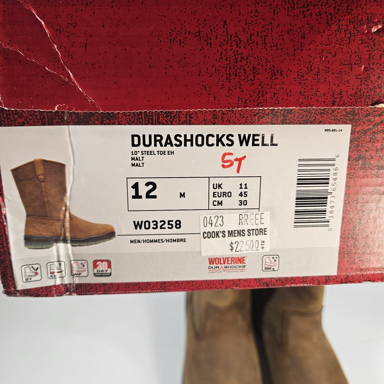 Wolverine Men’s Steel Toe W03258 DuraShocks Wellington Stone 12 M New