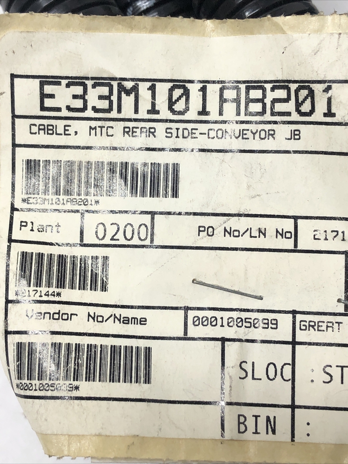 E33M101AB201 Cable Assembly, MTC Rear Side-Conveyor JB; XMP203A