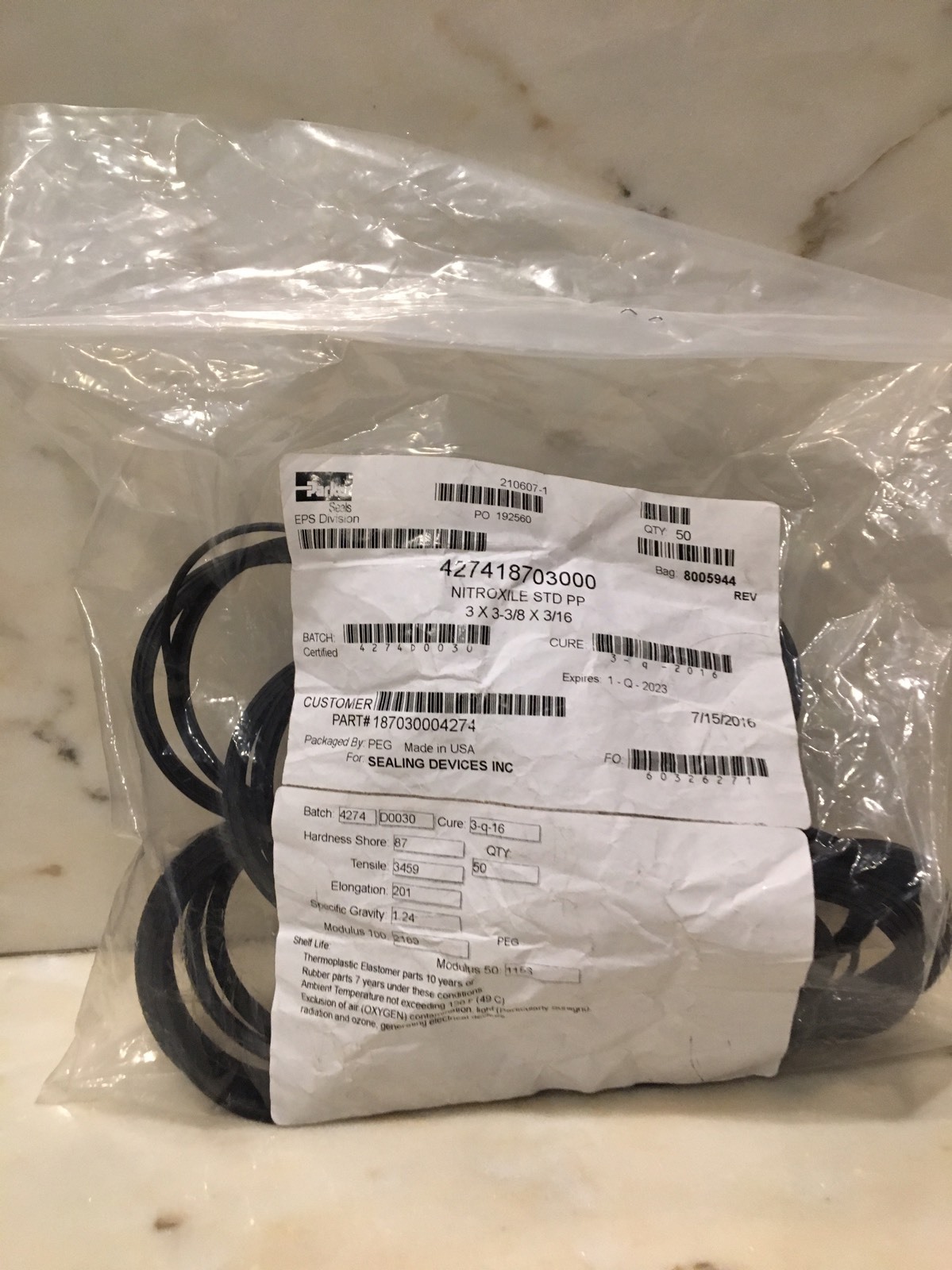 Lot of 50 Parker 427418703000 Nitroxile 3 x 3-3/8 x 3/16 Seals