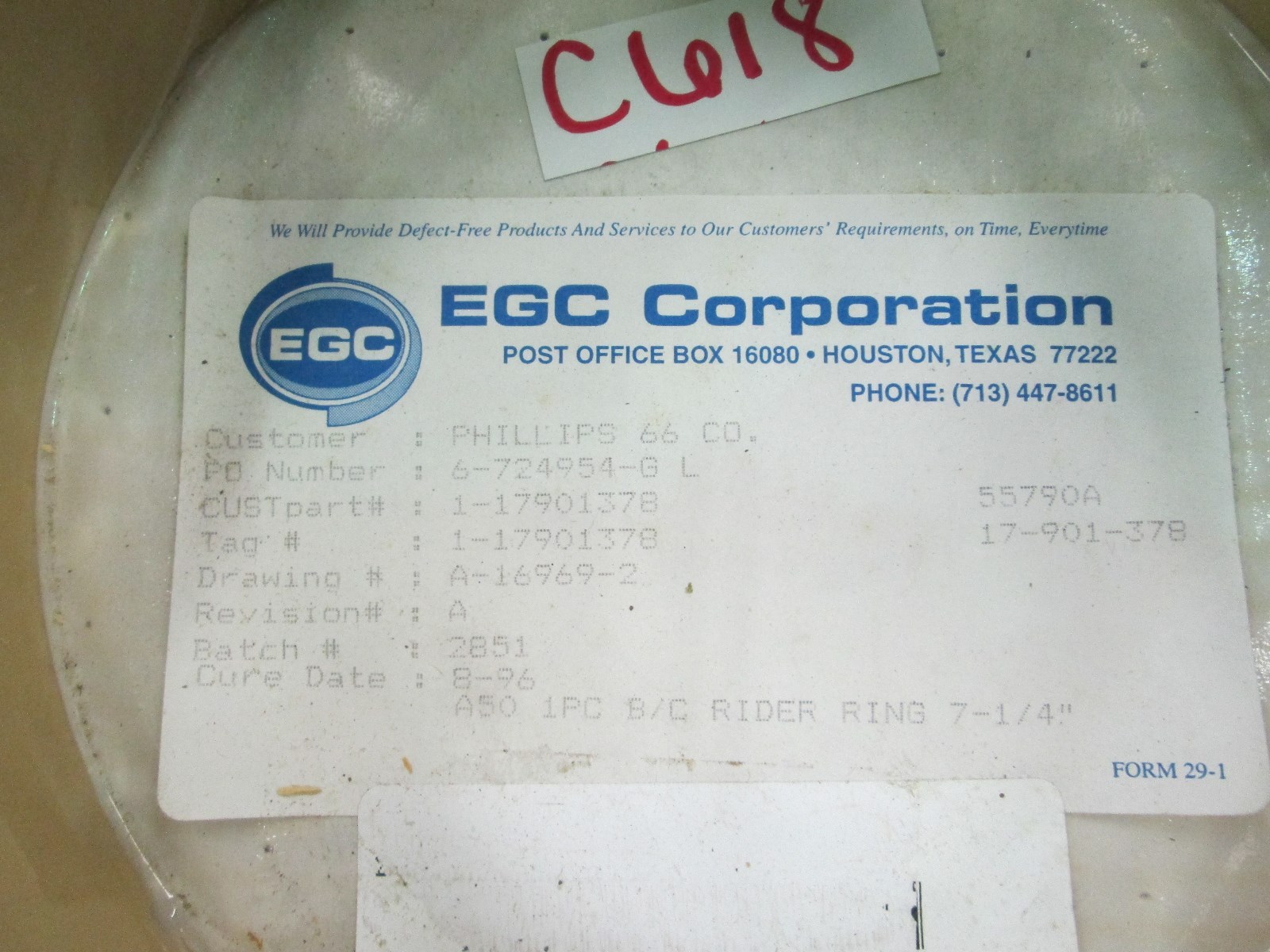 EGC Corporation Rider Ring #A50 1 P/C B/C 7-1/4″ DWG: #A-16969-2 REV A (NIB)