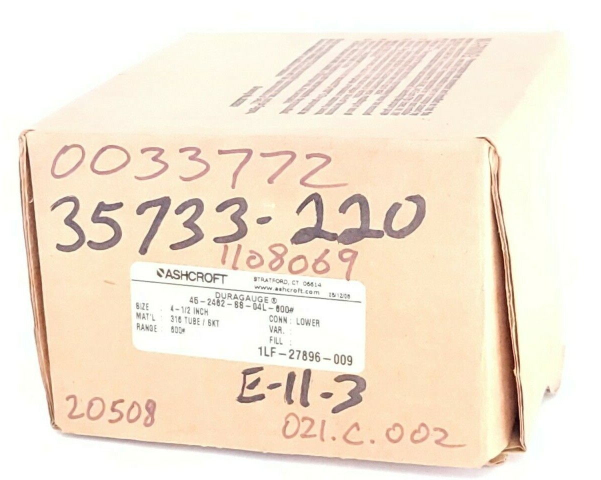 NIB ASHCROFT 45-2462-SS-04L-600# DURAGAUGE SIZE: 4-1/2” 452462SS04L RANGE: 600#