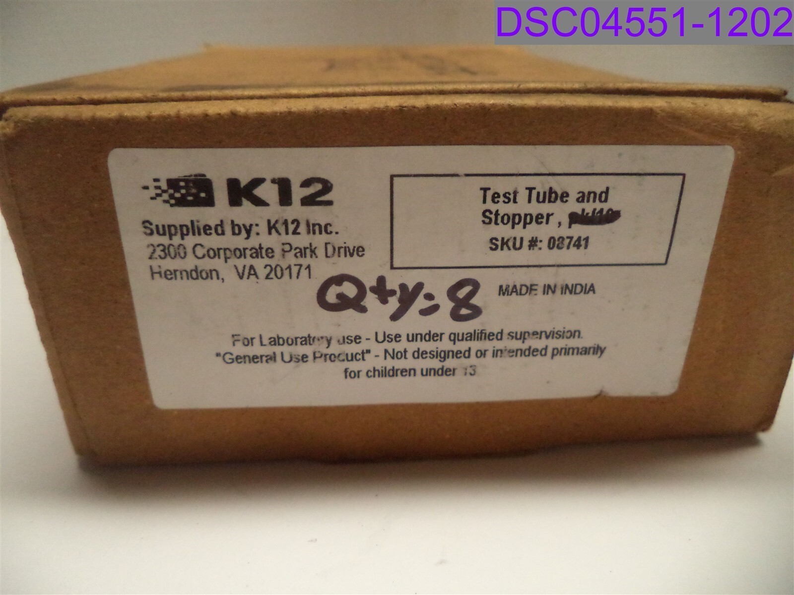 Qty = 1 Box of 8: Borosilicate Glass Test Tube & Stopper P/N 08741