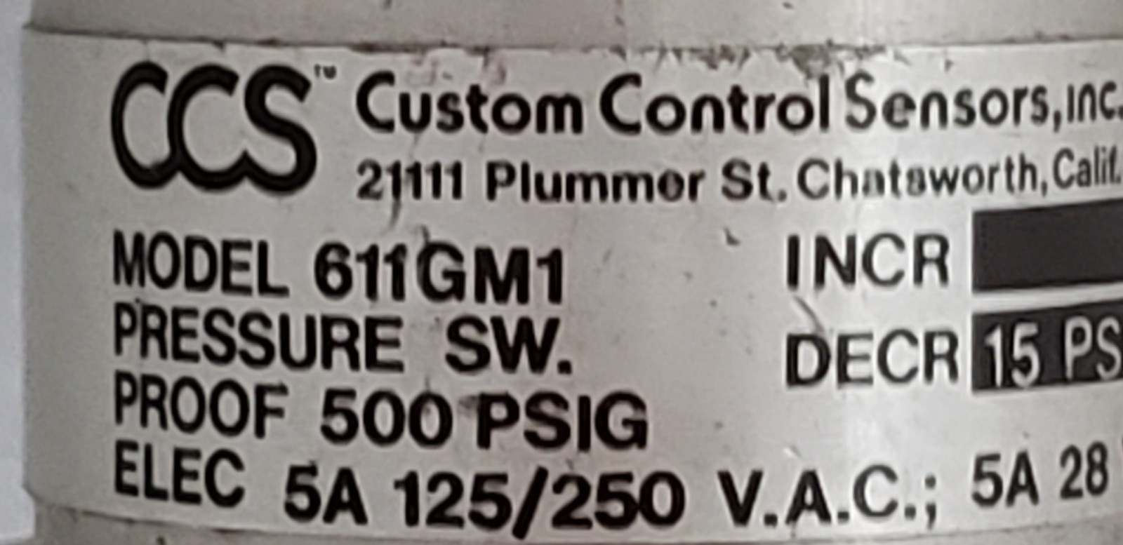CUSTOM CONTROL SENSORS, INC. 611GM1 PRESSURE SWITCH, 500PSIG, 5A, 125/250VAC NNB