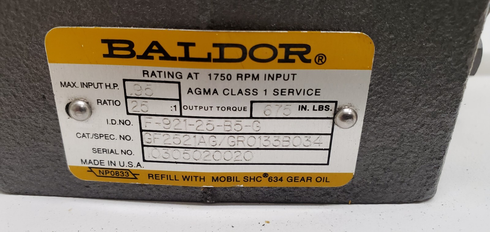 NEW OLD STOCK! BALDOR 25:1 RATIO 1750RPM GEAR BOX F-921-25-B5-G