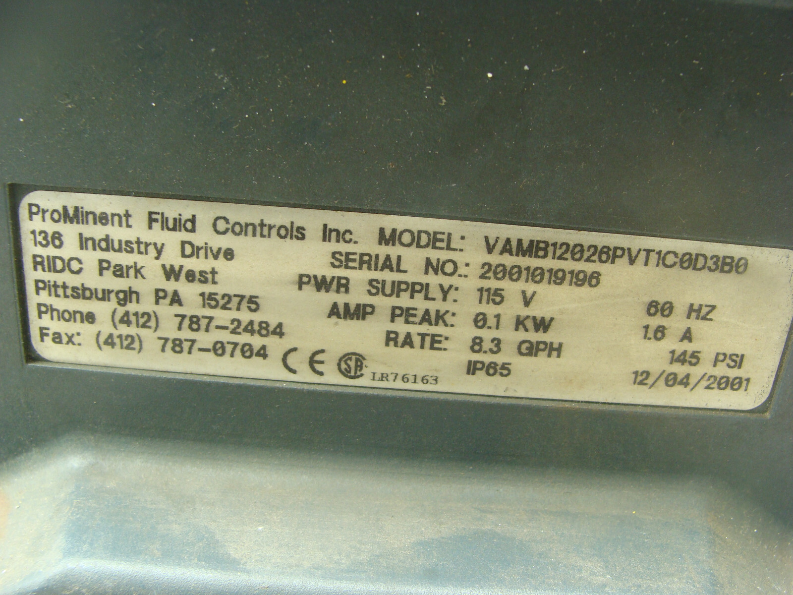 PROMINENT FLUID VAMB12026PVT1C0D3B0 ELECTRONIC METERING PUMP 115V 1.6A 145PSI