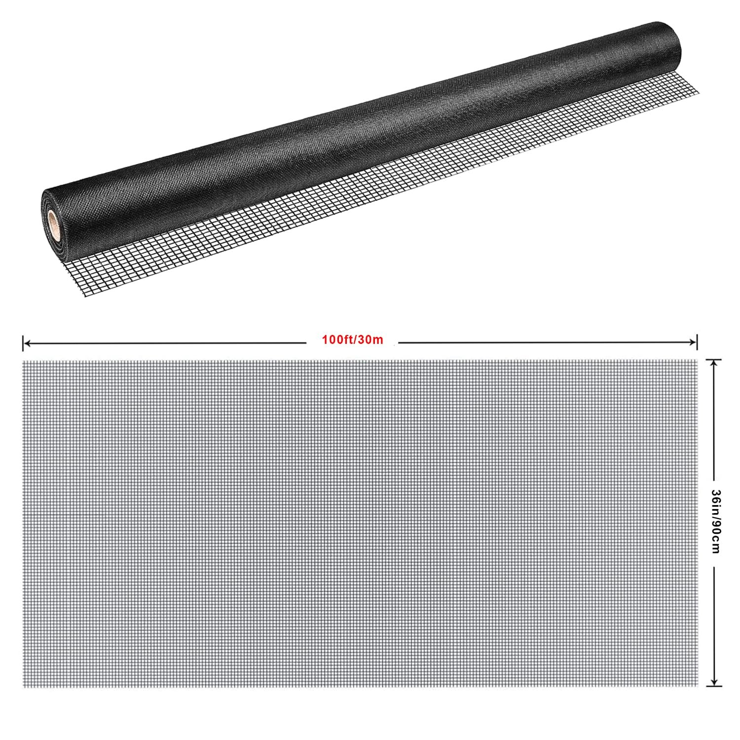 Window Screens Replacement 36″100FT Fiberglass Screen Mesh Roll Adjustable Black