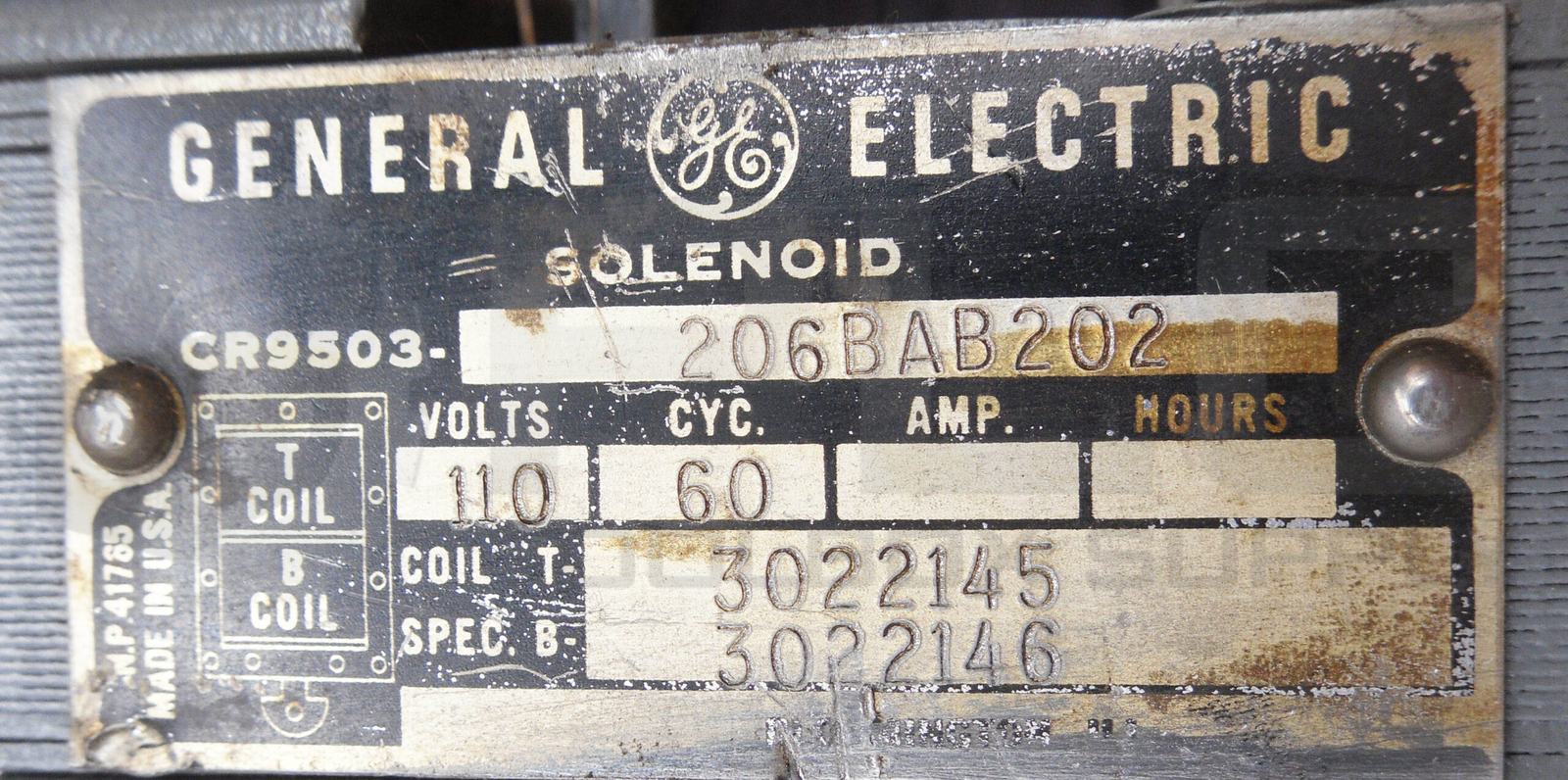 GENERAL ELECTRIC CR9503-206BAB202 SOLENOID 110V 60HZ W/ 3022147 COIL W/ 3022148