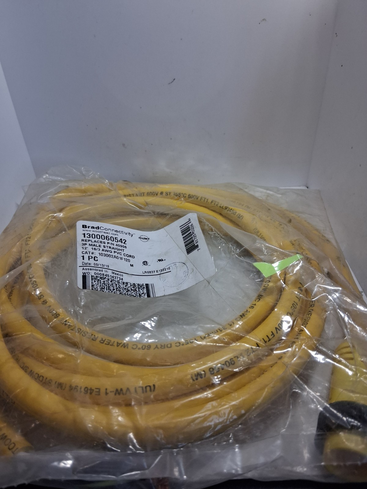 WOODHEAD 1300060542 CORDSET 3P MALE STRAIGHT 12′ PVC CORD NIB