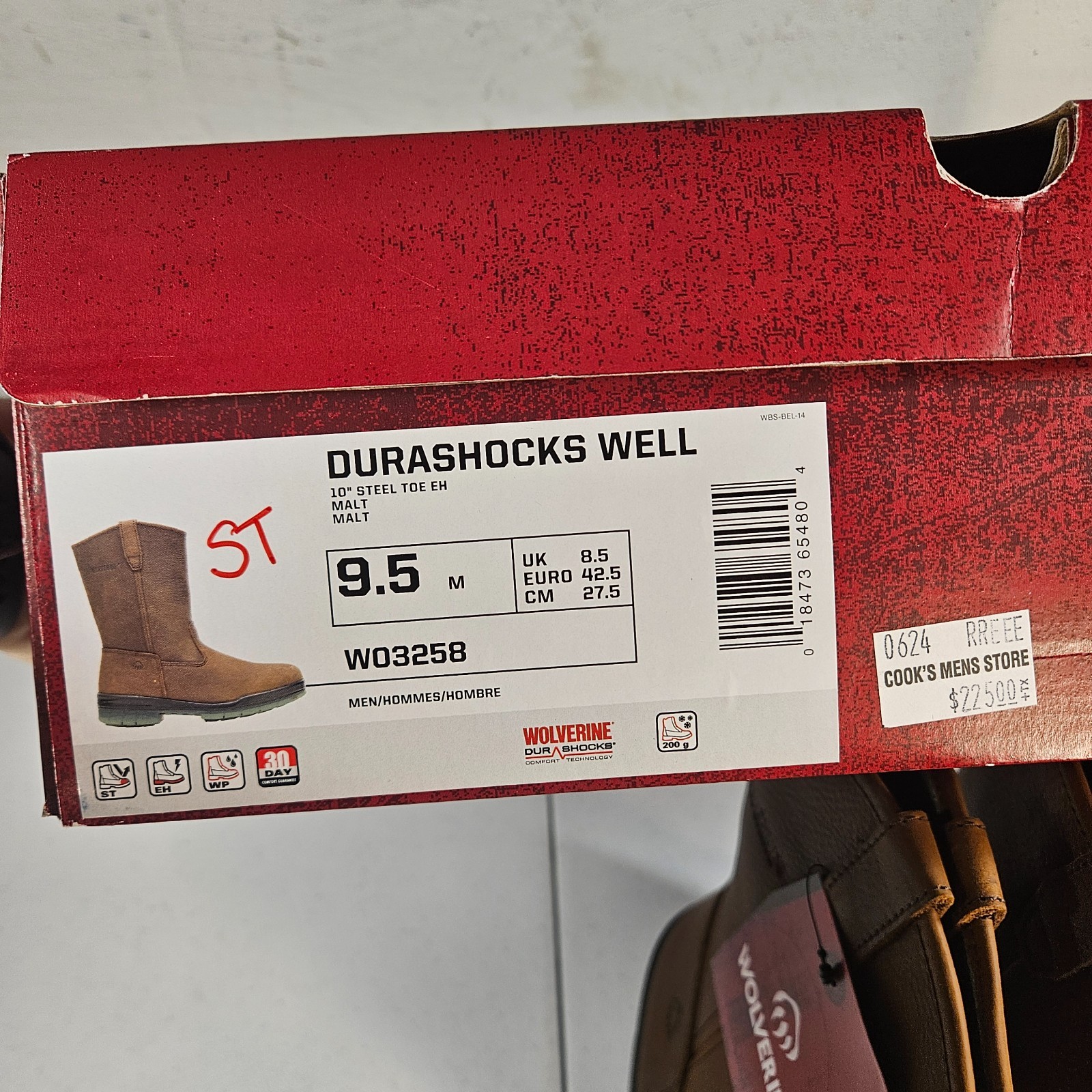 Wolverine Men’s Steel Toe W03258 DuraShocks Wellington Stone 9.5 M New