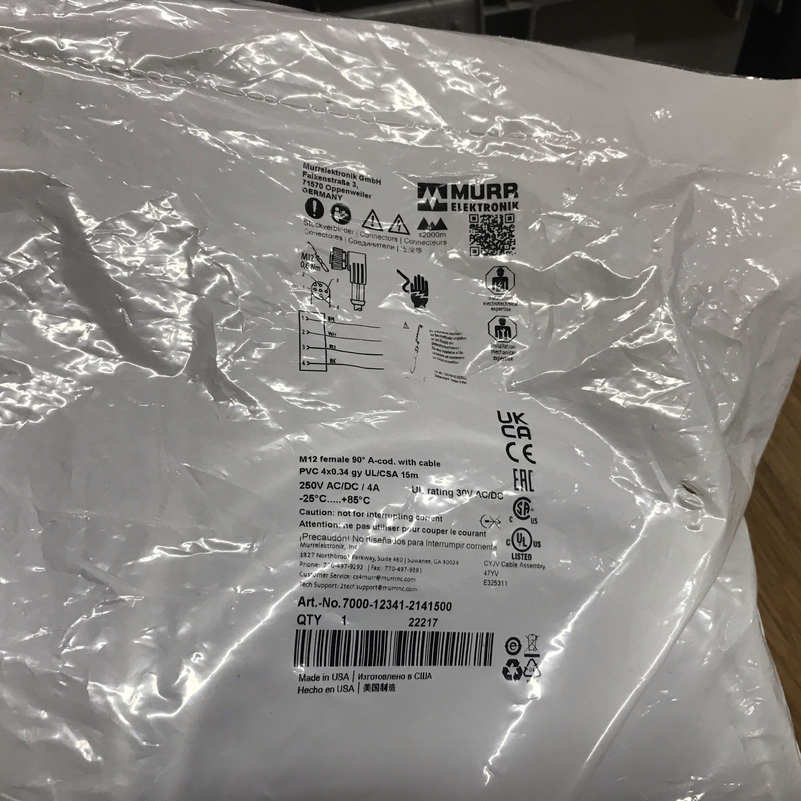 New MURR ELEKTRONIK M12 female 90 degree gray cable 7000-12341-2141500 22217