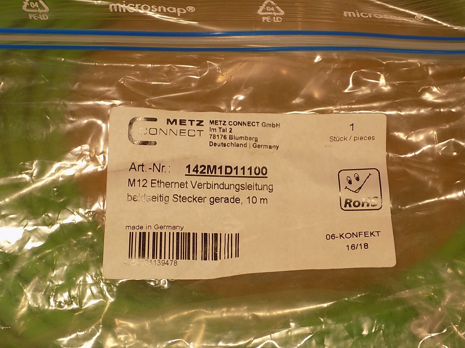 Metz Connect Gmbh M12 Ethernet Cable 10m Long 4P male both ends 142MD11100 New