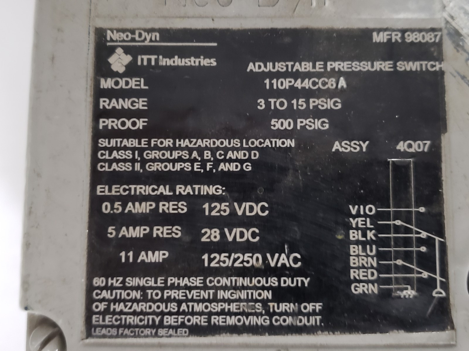 ITT 110P44CC6A PRESSURE SWITCH NEO-DYN ADJUSTABLE 3-15PSI RANGE