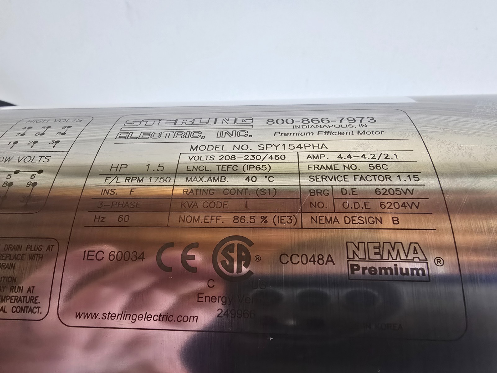NOS! STERLING ELECTRIC NEMA PREMIUM 1.5HP STAINLESS STEEL MOTOR SPY154PHA