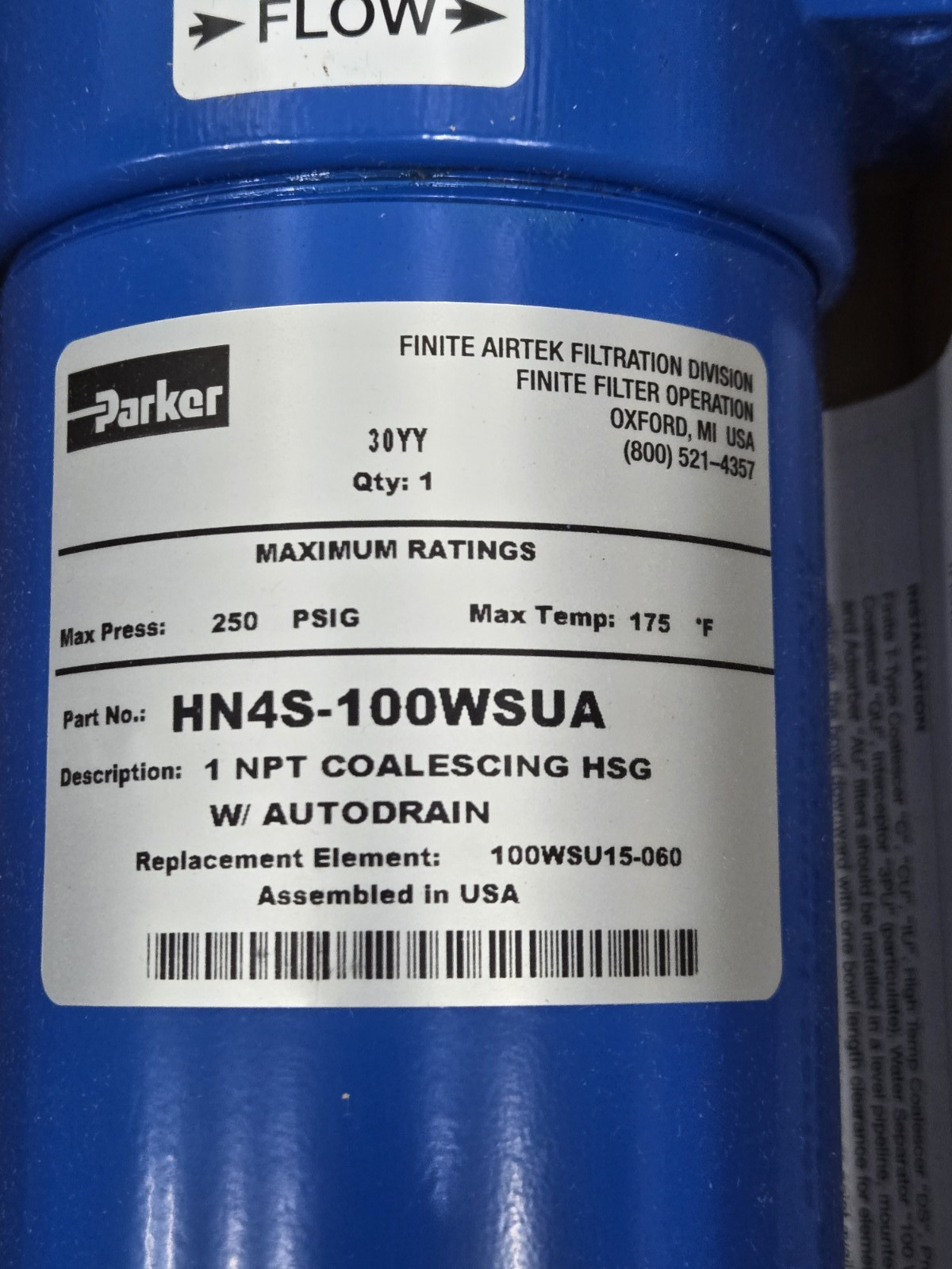 Parker HN4S-100WSUA Finite Water Separator 1 NPT Coalescing HSG w/ Autodrain