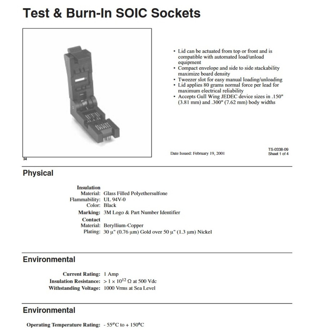 3M Textool SOIC Socket 20 Pin Gold PN: 220-7201-55-1902 ZIF Burn In Test Sockets