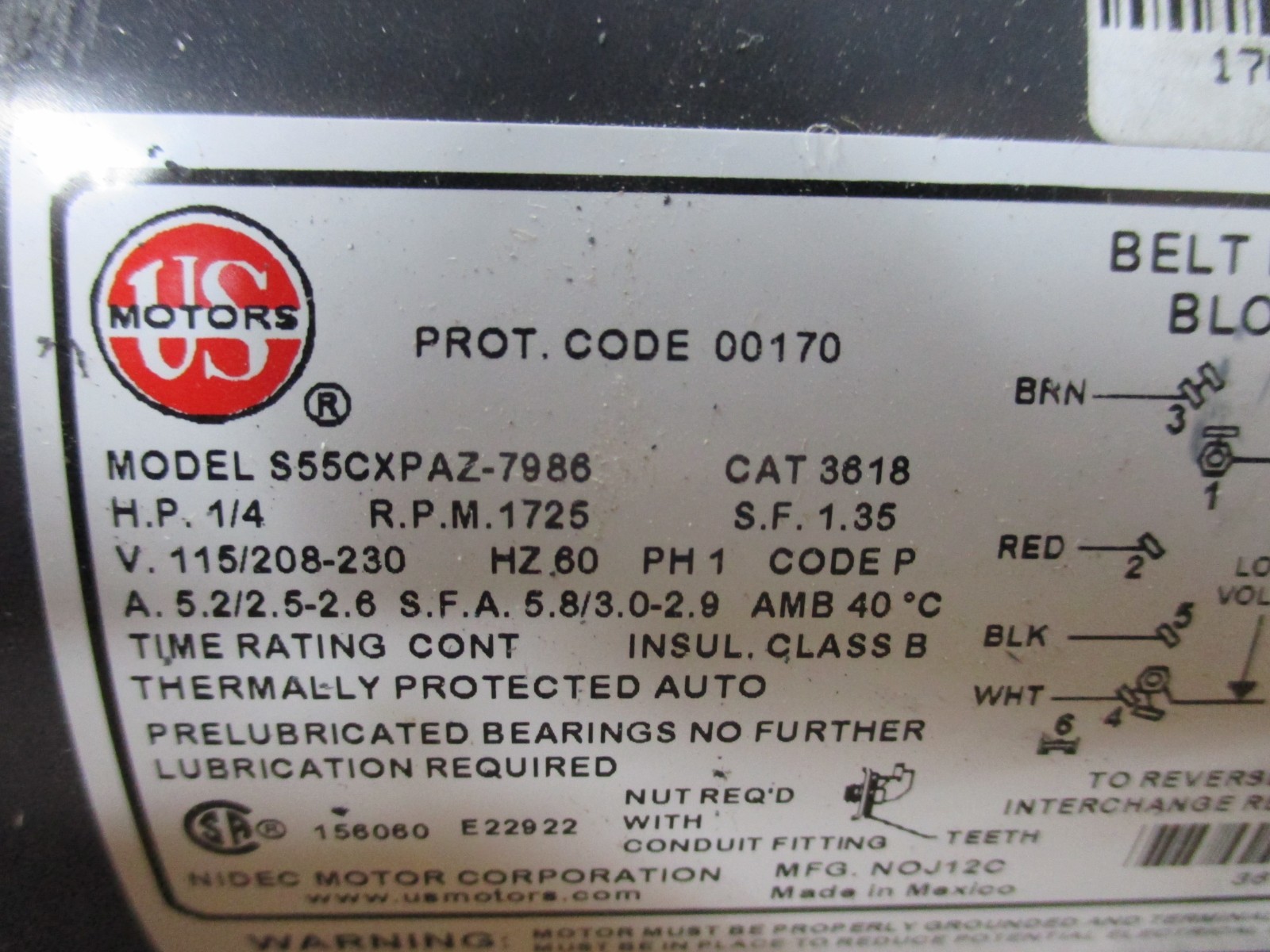 S55CXPAZ-7986 US MOTOR 3618 ELECTRIC MOTOR 1/4HP NEW