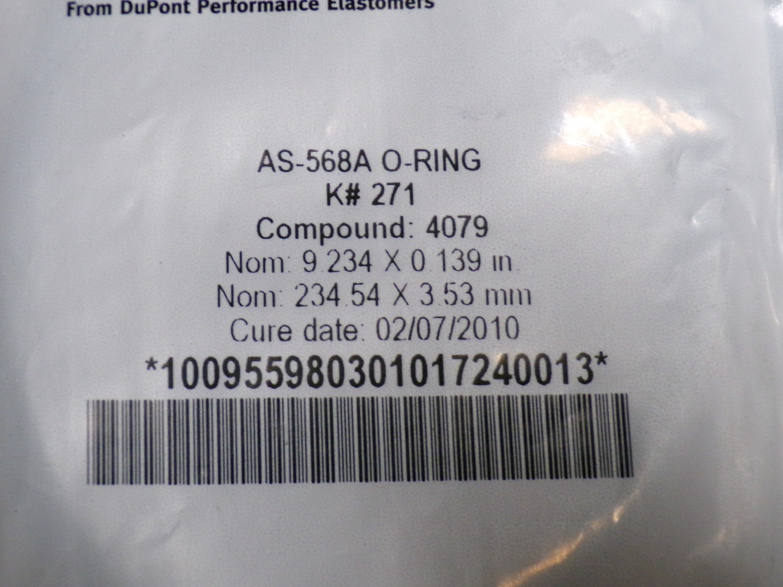 Kalrez AS-568A O-Ring/K#271/Comp. 4079, 9-1/4″ ID x 9-1/2″ OD x 1/8″ *NOS*