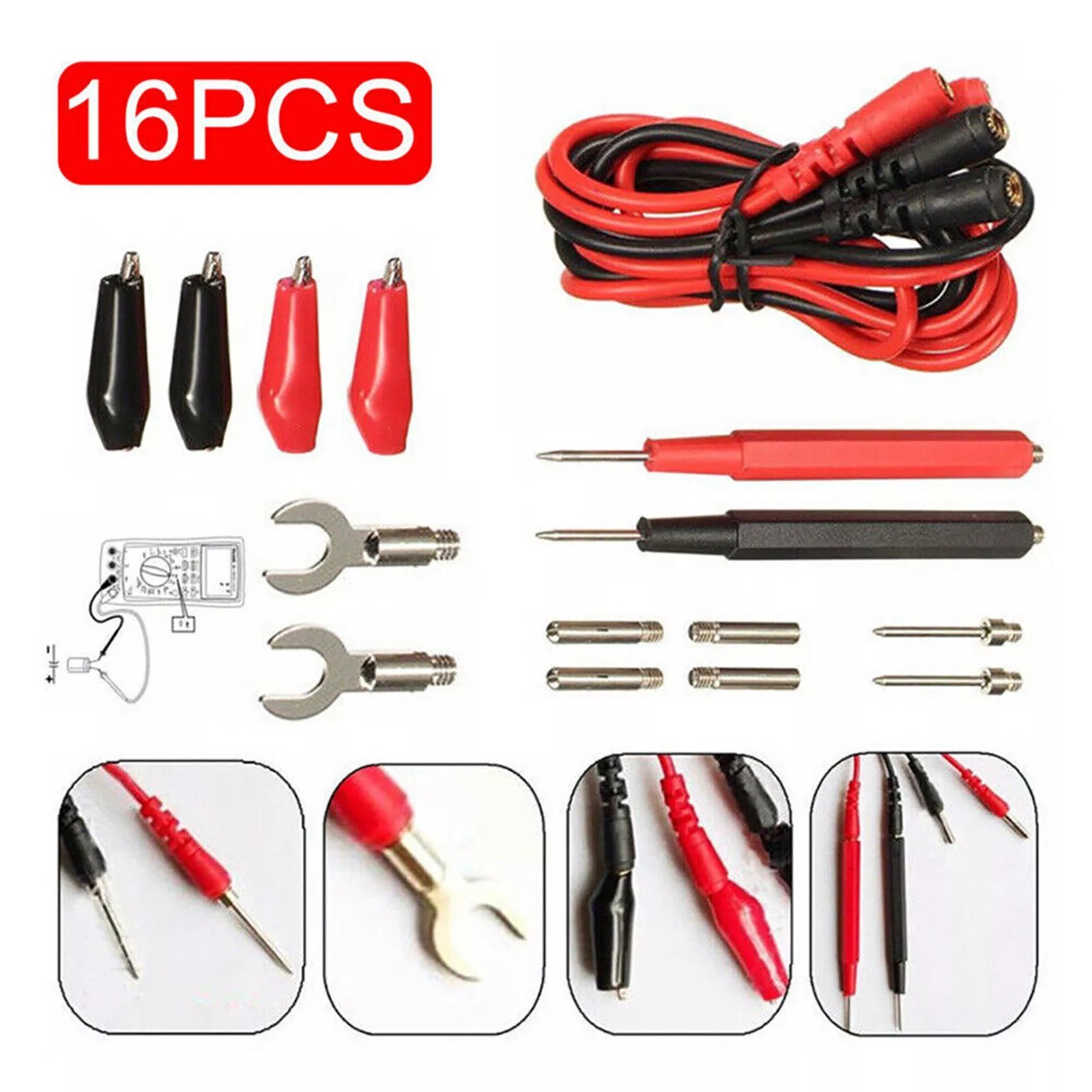 16Pcs Digital Multimeter Probe Test Leads Kit for Volt Meter,&Electronics