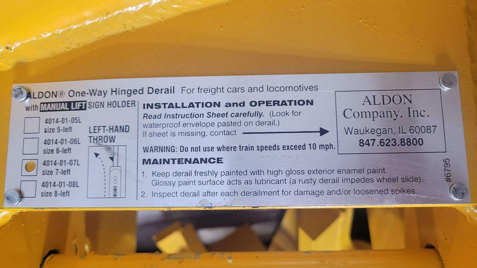 Aldon One-Way “Left Throw” Hinged Derail w/Manual Lift Sign Holder 4014-01-07L