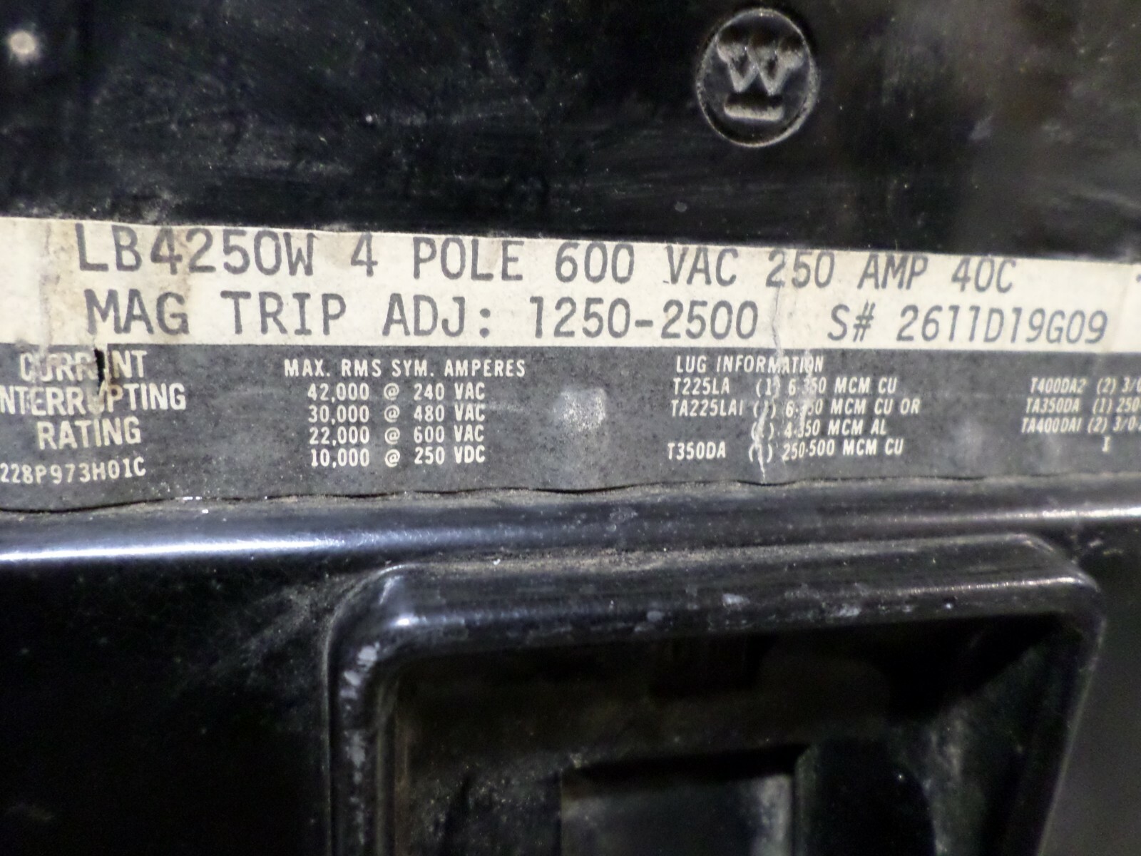 Westinghouse LB4250W 4 Pole 600 VAC 250A Circuit Breaker 250 Amp