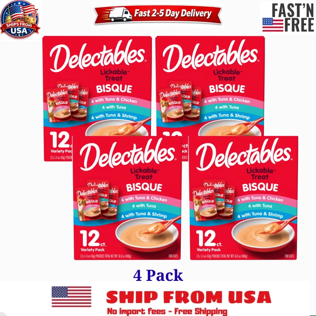 4 PACK Delectables Bisque Lickable Wet Cat Treats – Chicken, Tuna & Shrimp, 12ct