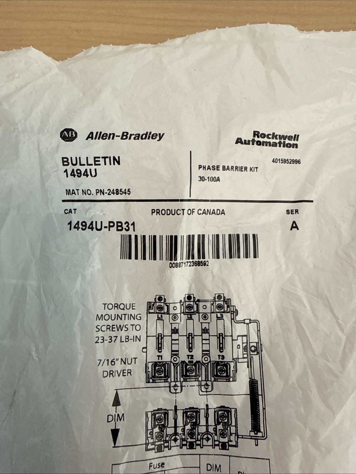 NEW! Allen Bradley AB 1494U-PB31 Phase Barrier Kit 30-100A PN-248545
