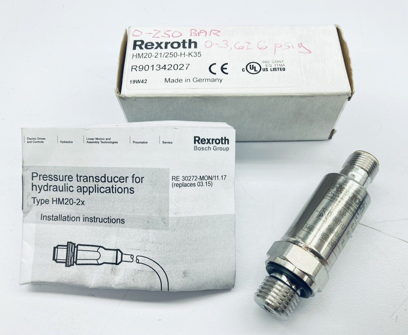 UNUSED REXROTH R901342027 PRESSURE TRANDSDUCER SENSOR 0-250BAR HM20-21/250-H-K35