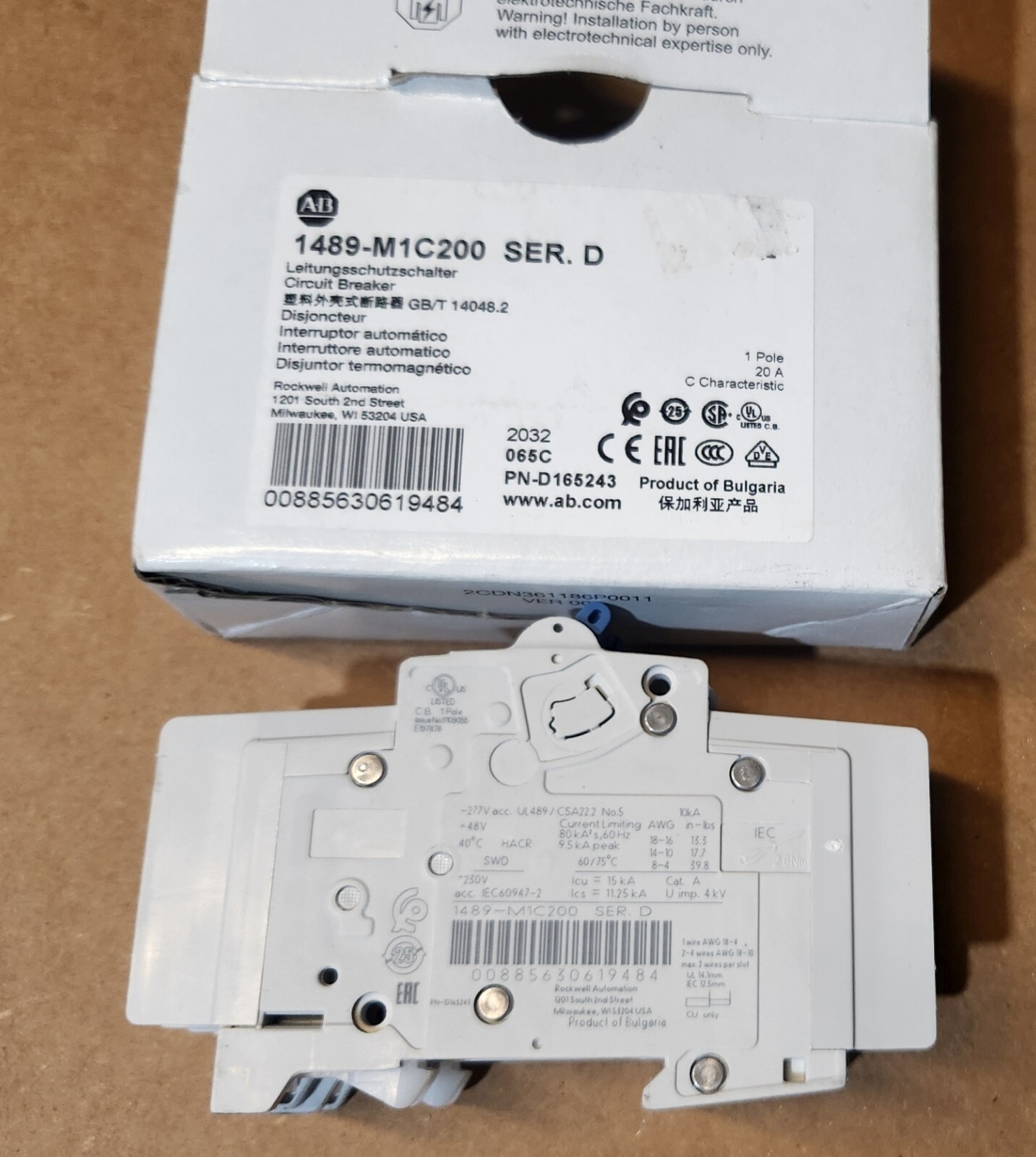 New Allen Bradley 1489-M1C200 Breaker 480Y/277V AC MAX 1-POLE 20 AMP
