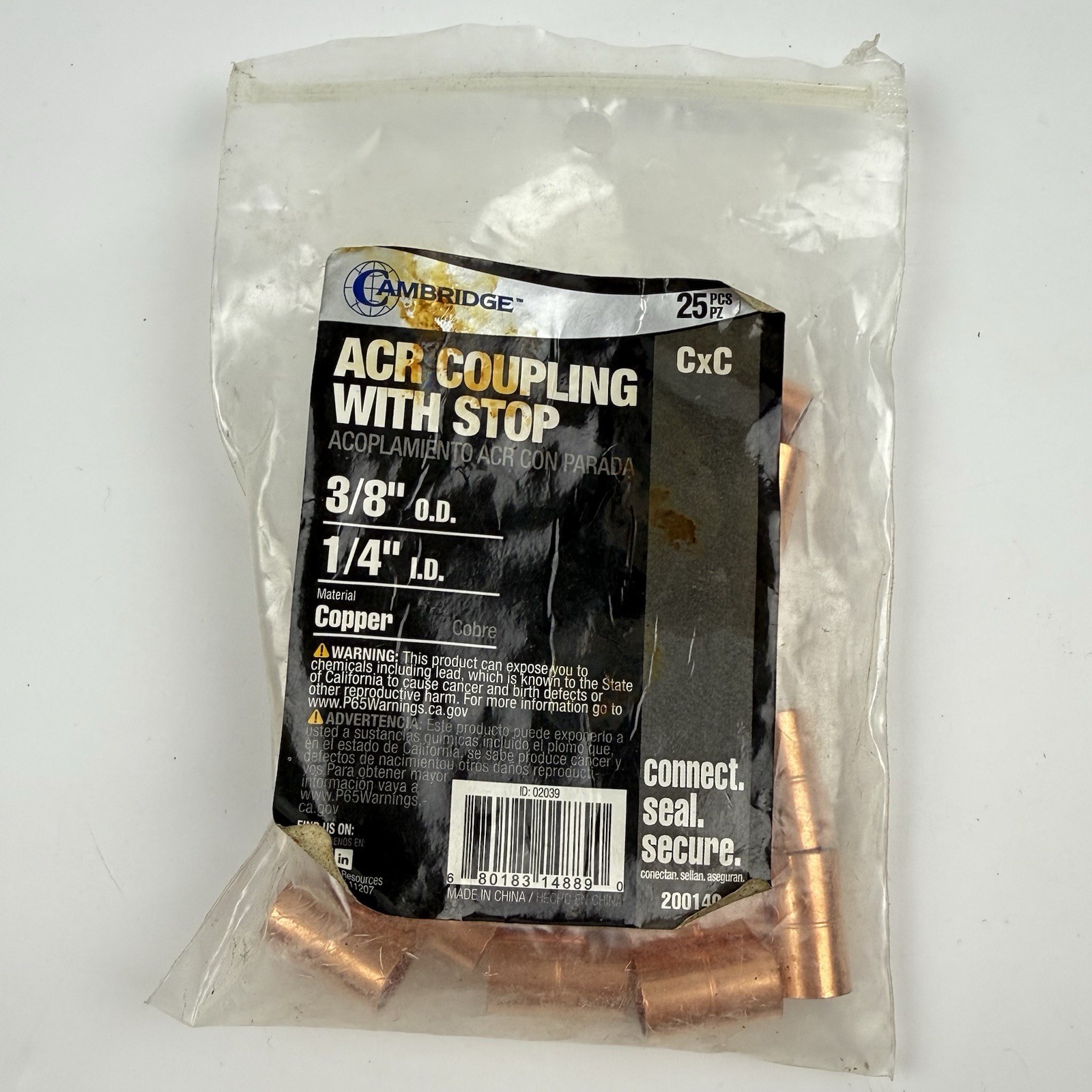 HVAC Copper 3/8″ OD 1/4” ID Straight Coupling With Stop. 21 Pieces.