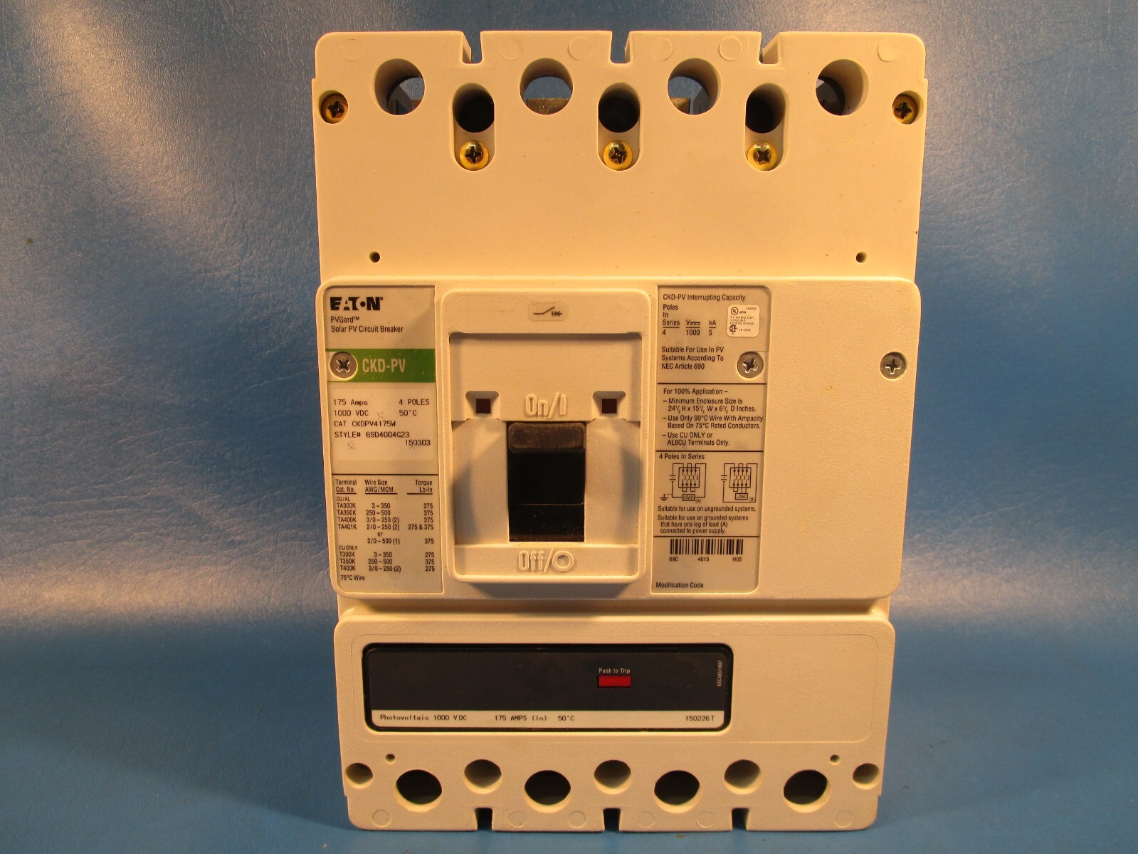 Eaton CKDPV4175W, Molded Case Breakers (MCCBs) K 4P 175A 1000V 50/60Hz 3Ph K Fra