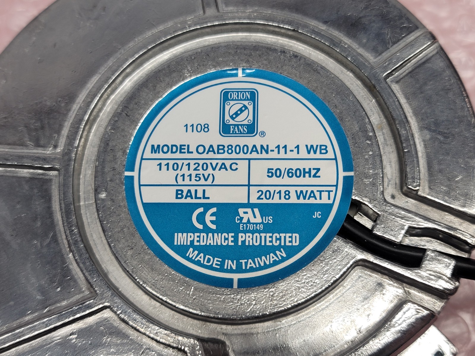 Orion Fans AC Blower 2000RPM 30CFM OAB800AN-11-1B