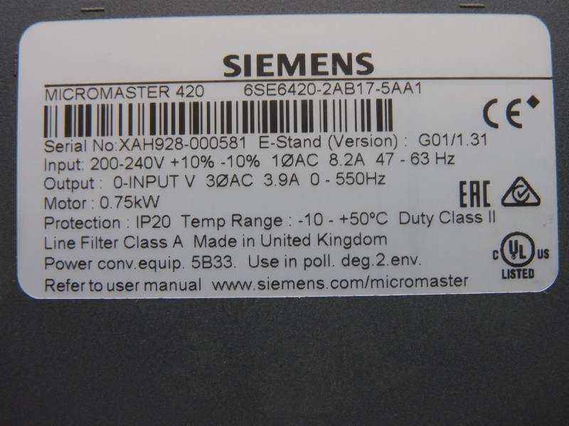 SIEMENS 6SE6420-2AB17-5AA1 VER. 1.31 200-240V 8.2A NSMP