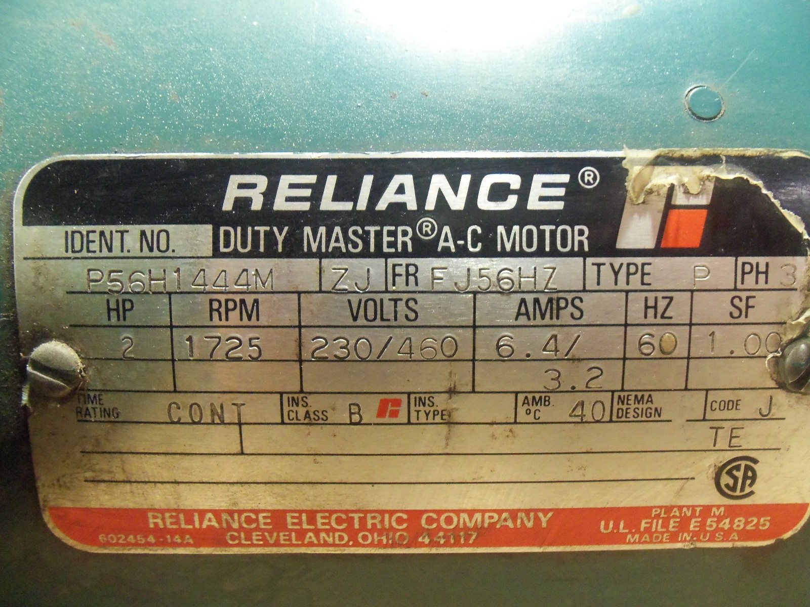 Reliance Electric P56H1444M Duty Master AC Motor Frame-FJ56HZ 3 Phase 1725RPM 23