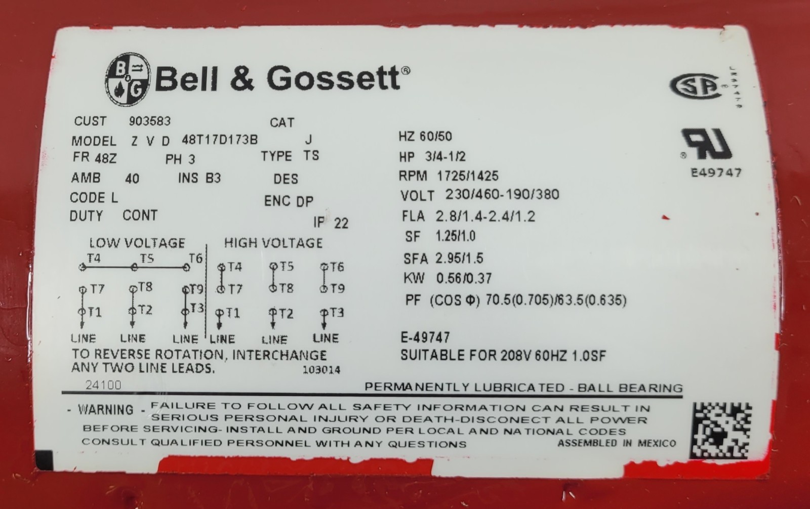BELL & GOSSETT E60-1.5X5.75 IN-LINE MOUNTED CENTRIFUGAL PUMP 3/4HP 48T17D173B