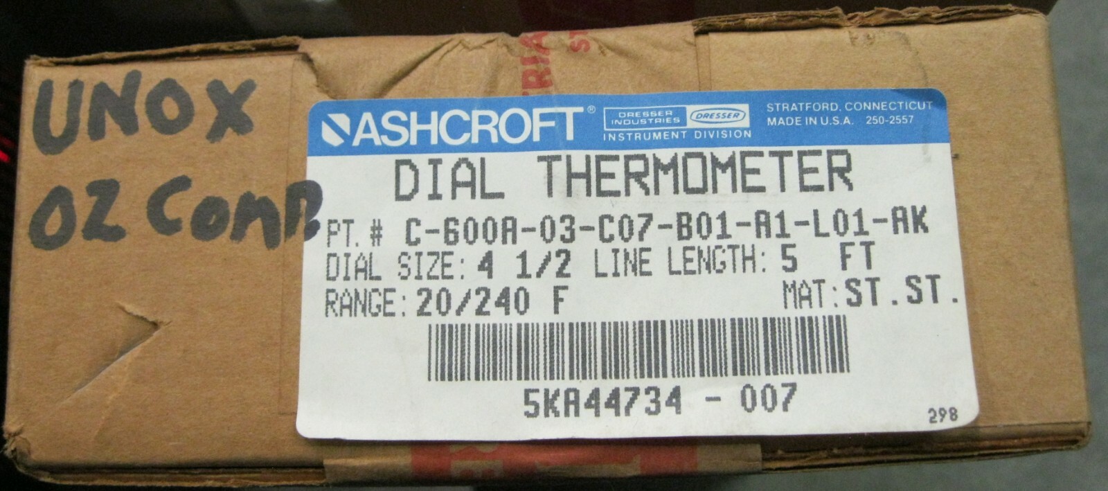 Ashcroft C-600A-03-C07-B01-A1-L01-AK Dial Thermometer Dial Size 4 1/2 20-240F