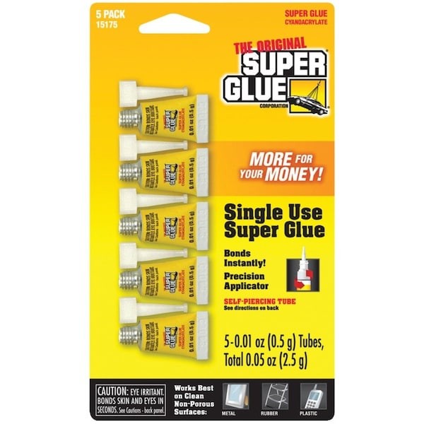 Super Glue 15175-12 Instant Adhesive, 0.05 Fl Oz, Tube, Clear, Pk5