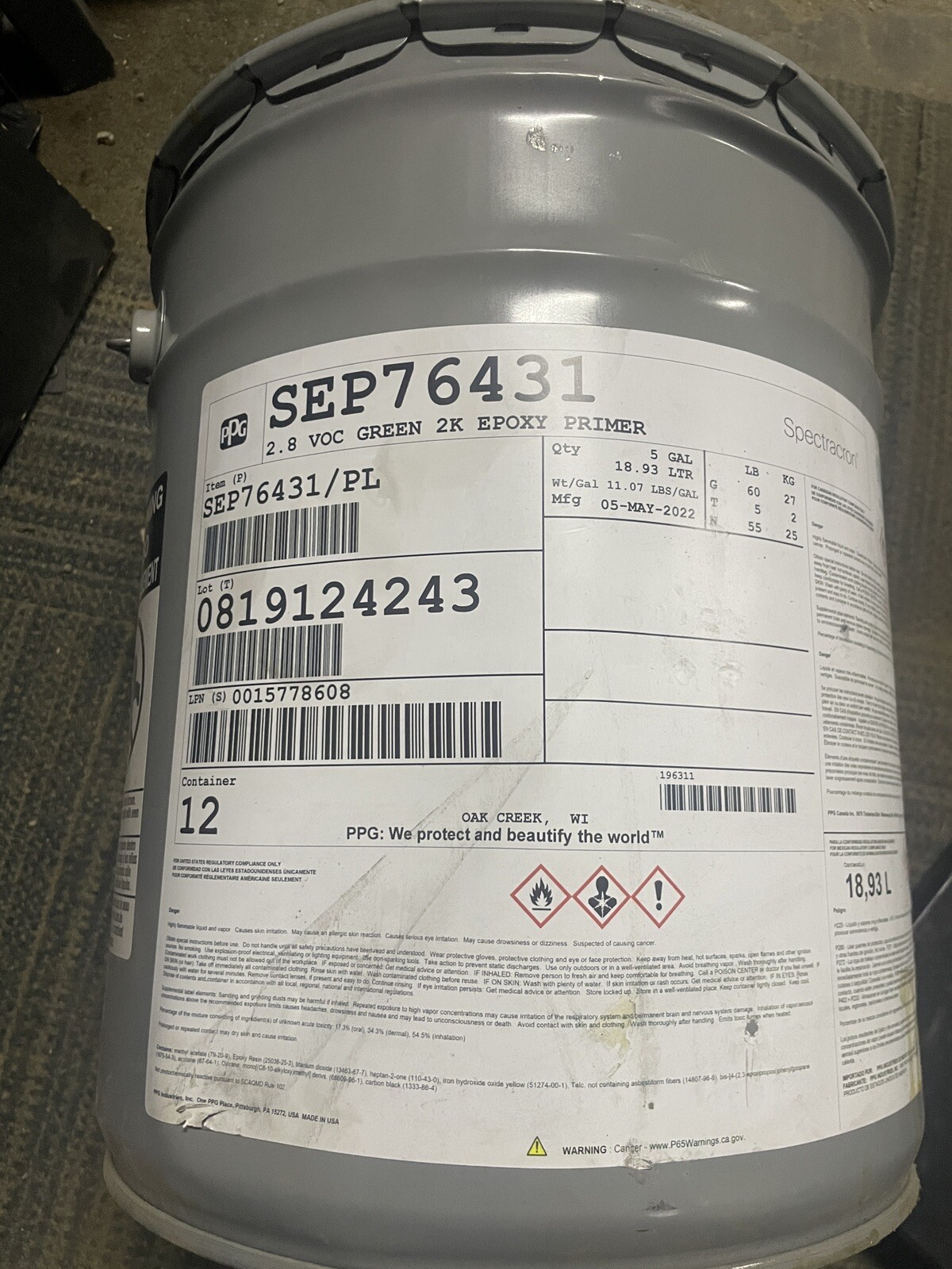 PPG SEP76431 2.8 VOC GREEN 2K EPOXY PRIMER SPECTRACRON 5 GALLONS RARE 18 LITERS