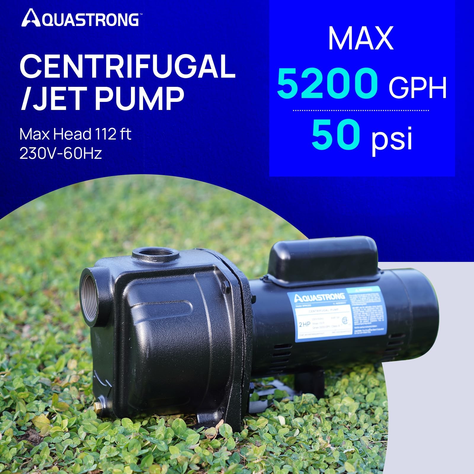 AQUASTRONG 2 HP Shallow Well Jet/Centrifugal Pump, 230V, 5200 GPH, Durable Ca…