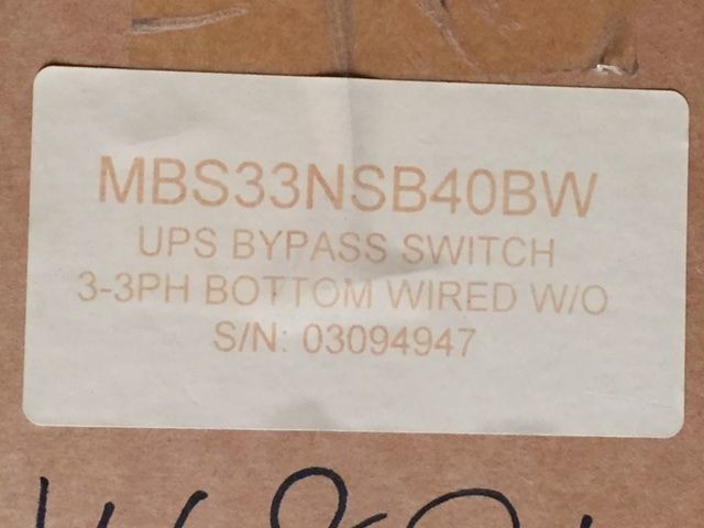 Eaton MBS33NSB40BW UPS Hardwired Maintenance Bypass Switch 40A 3-3PH Bottom Wire